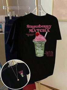 Women's Double-Sided Cotton Matcha Strawberry T-Shirt, Vintage Short-Sleeve Style For Spring And Summer. - Black - View 1