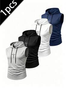 Men's Casual Hooded Tank Top, Lightweight Fashionable Printed Vest For Outdoor Sports, Breathable Fitness Running - Light Grey - View 1