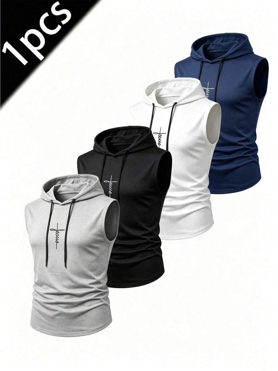 Men's Casual Hooded Tank Top, Lightweight Fashionable Printed Vest For Outdoor Sports, Breathable Fitness Running - Light Grey - View 1