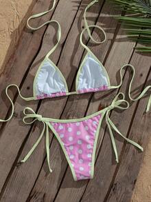 女款夏季對比色掛脖綁帶性感比基尼兩件式泳衣套裝，時尚性感比基尼泳裝，優雅女款沙灘泳衣，適合海邊度假、音樂節派對、畢業季等場合，女款夏季度假穿搭 - 彩色 - 查看 5