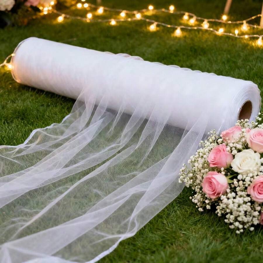 1 Roll 50m White Tulle Fabric, Suitable For Wedding Tablecloth, DIY Crafts, Bridal Veil/Wedding Dress, Ballet Skirt, Wedding Dress, Table Skirt/Tent, Wedding Decoration, Chair Back Decoration, Party Backdrop, Wreath Packaging, Stair Railing, Romantic Christmas Ceremony Backdrop And Holiday Party Decoration