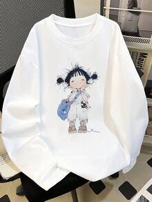 Women's Loose Fit Round Neck Fashion Casual Letter & Cartoon Girl Print Long Sleeve T-Shirt, Spring/Autumn White - White - View 1