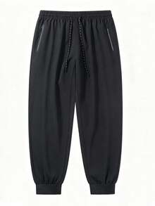 Men's Plus Size Thin Summer Jogger Pants, Casual Jogging Long Pants With Drawstring Elastic Waist, Pockets And Zipper Design - Black - View 2