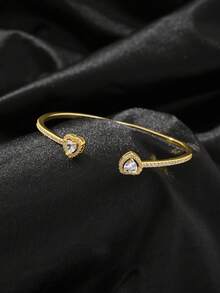 Stainless Steel 18K Gold Plated Heart-Shaped Rhinestone Bracelet Set, 14K Gold Plated Copper Inlaid Cubic Zirconia Open Bangle - Gold - View 3
