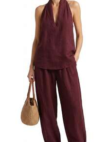 Conjunto de Dos Piezas de Lino Minimalista, Casual y Cómodo para Mujer, Top Halter sin Mangas con Cuello en V y Pantalones Anchos Holgados a Juego - Verde - Ver 15