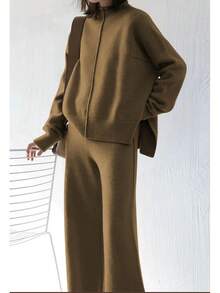 AOHITE Mujeres Adultas Conjunto de Ropa Casual Beige: Camiseta de Manga Larga con Cuello Redondo y Pantalones Anchos - Caqui - Ver 4