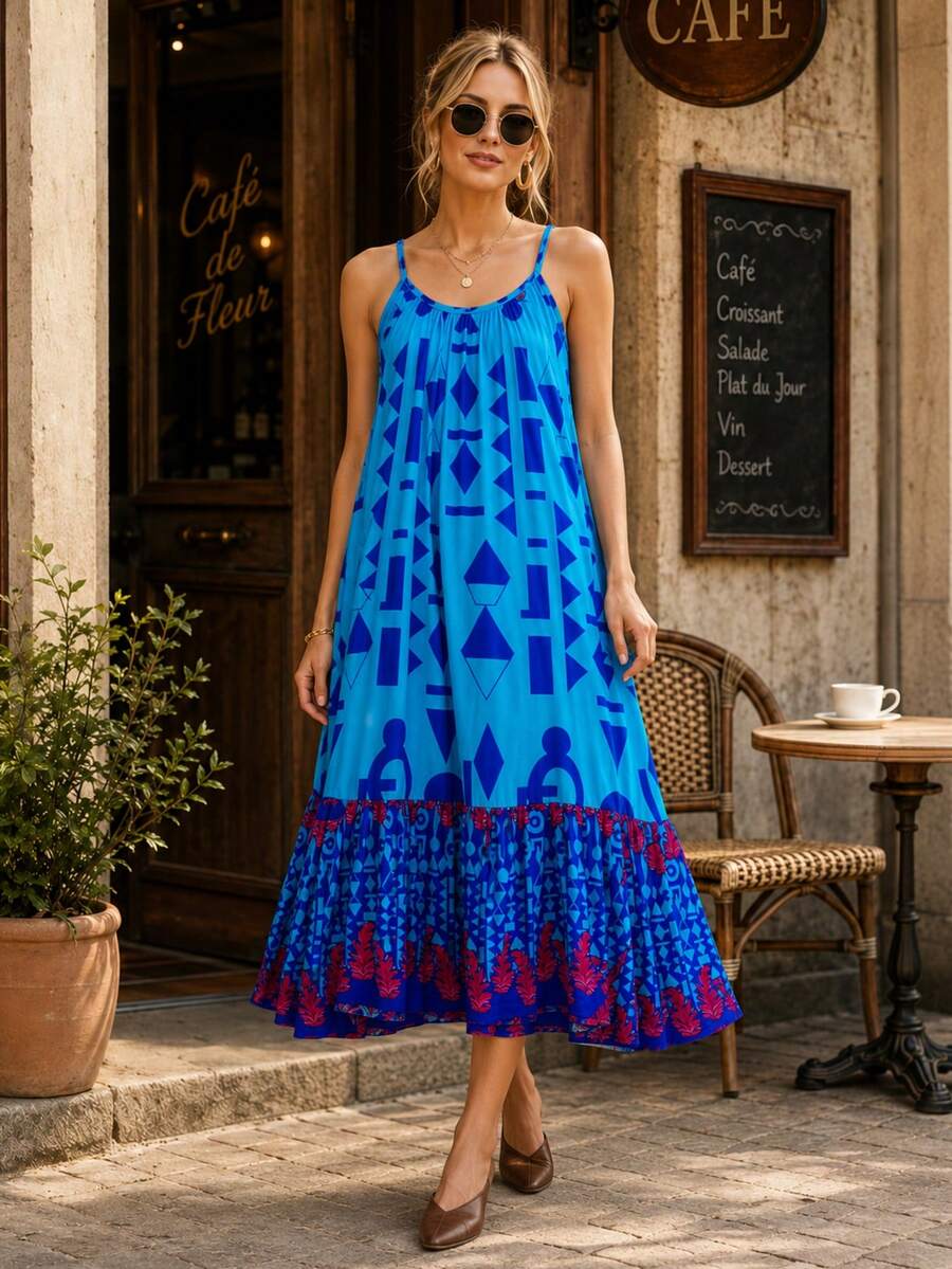 Stripe Oversized Midi Dress Casual Loose Fit Cotton Blend Summer Shirt Dress With Pockets - Blue - View 1
