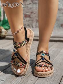 WRCVS Sandalias planas de verano trenzadas ligeras antideslizantes para playa con suela de cuerda sintética patrón aleatorio estilo bohemio para vacaciones punta redonda sandalias para estudiantes - Negro - Ver 4
