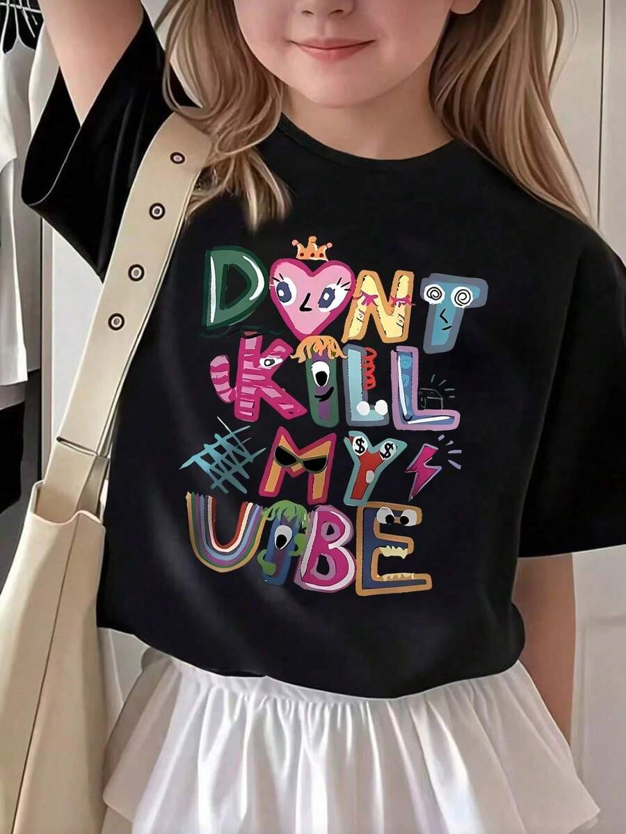 Camiseta Cómoda Infantil Estampado Letras Divertidas Manga Corta para Niños Ropa Estilo Casual Uso Diario Juego Colorido - Negro - Ver 1