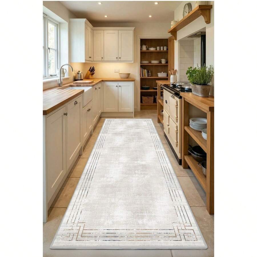 Alfombra de cocina 100% poliéster lavable con base antideslizante y estampado digital gris - Hecha en Turquía - Gris - Ver 1