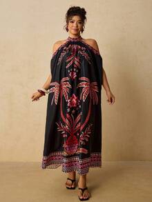 Vestido de verano casual con estampado floral y hombros descubiertos para mujer de talla grande - Negro - Ver 1