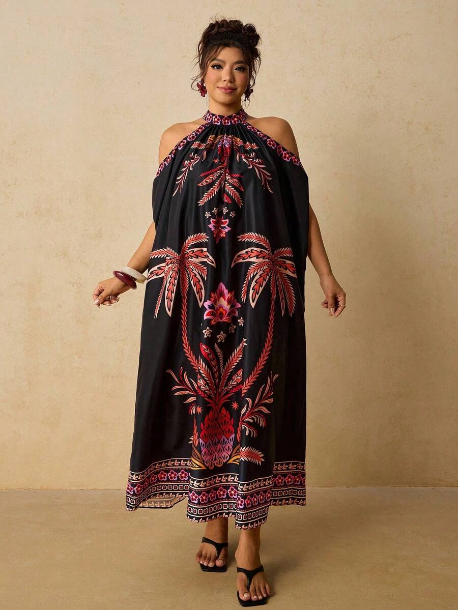 Vestido de verano casual con estampado floral y hombros descubiertos para mujer de talla grande - Negro - Ver 1