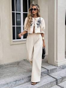 Set de 2 piezas con top con enredo frontal y pantalones con bordado floral para mujer - Albaricoque - Ver 6