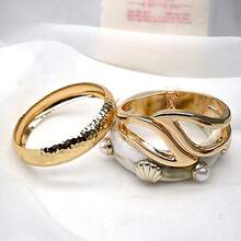 GNIT Set Gelang Emas Bertekstur Resin Motif Marmer Mutiara Kerang untuk Wanita, 3pcs/1pc Gelang Lebar yang Dapat Ditumpuk, Perhiasan Unik Gaya Laut Vintage Nenek Pesisir - Urat berwarna putih dan cokelat. Emas. - View 6