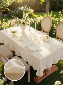 1pc Pastoral Ditsy Floral Ruffle Edge Tablecloth, Farmhouse Style, Suitable For Dining Table Decor, Picnic Tablecloth, Holiday Celebration, Party Gathering, Birthday Banquet, Daily Dining Table, Kitchen & Dining Room Decor, All Seasons, Home Decor - Light Yellow - View 3