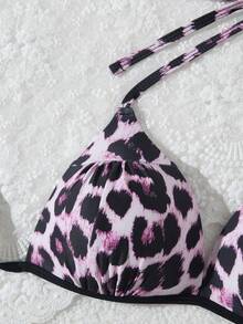 Top de biquíni para mulher com decote halter, estampado leopardo rosa e preto, com laço nas costas, sem mangas, moda de banho de verão - Rosa - Ver 3