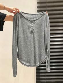 Comfortable Women's Long Sleeve Henley Shirt, Grey Polyester High Elasticity T-Shirt, Casual Regular Fit, Suitable For Daily Wear - Grey - View 6