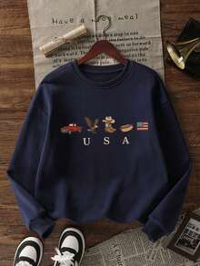 Sweatshirt Leher Bulat Kasual Vintage untuk Anak Perempuan Remaja, Motif Tema AS Biru Tua dengan Truk Pickup Vintage, Elang, Sepatu Bot Koboi, Hot Dog, dan Bendera Amerika, Atasan Pullover Lengan Panjang Longgar, Kasual Serbaguna Musim Gugur/Dingin, Gaya Jalanan Amerika, Pakaian Sehari-hari Anak Perempuan - Navy Blue - View 4