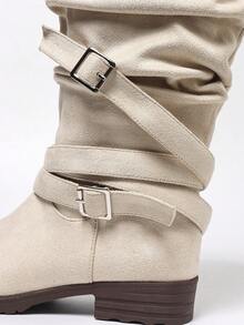 Beige Strap Buckle Slip-On Knight Boots, Chunky Heel, Round Toe, Versatile New Style, Commute, Casual, Daily, Vacation, Lazy Fashion Mid-Calf Boots - Beige - View 6