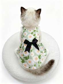 Sweet Green Daisy Pattern Puppy Dress -- Breathable Summer Princess Outfit With Large Ribbon, Suitable For Teddy/Bichon -- Cute Large Back Bow And Anti-Shedding - Green - View 3