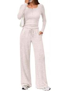 Trendy Queen - Conjunto de 2 piezas a juego para mujer, trajes de otoño a la moda, cuello henley, suéter de pierna ancha, pantalones de chándal - Gris Oscuro - Ver 9