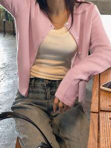 1pc Solid Color Knit Front Button Cardigan, Lightweight For Spring And Summer Daily Wear Pink - Pink - View 3