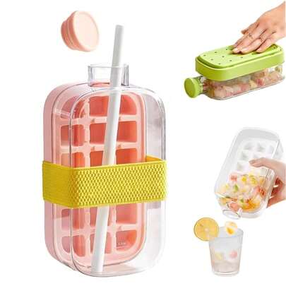 Innovative 2-In-1 Portable Ice Cube Mold Bottle With Lid And Bucket, Touchless, Spill-Free, Press-On, Easy-Release Ice Maker Container With Straw, 800ml