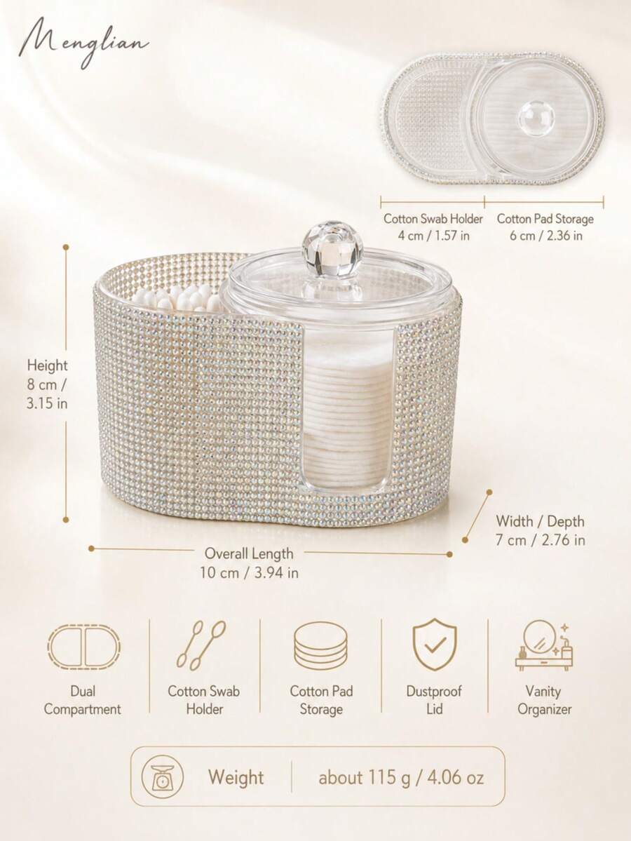 1PC Rhinestone Cotton Swab Holder With Lid, Bling Cotton Pad Organizer, Dustproof Vanity Desk Storage Box For Makeup Remover Pads, Cotton Swabs & Beauty Small Items - Multicolor - View 1
