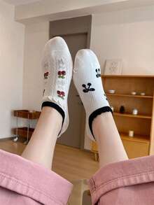 5 pares de calcetines cortos de mujer de verano con diseño de cereza, calcetines tipo barco, calcetines invisibles, calcetines de malla de algodón fino, diseño de dibujos animados lindos - Multicolor - Ver 7