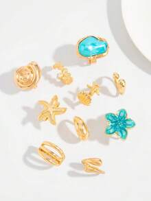 Set de 10 anillos con diseño de tema oceánico en tono dorado, diseñados para mujeres, con gruesas anillos de estrella de mar y conchas de color azul-verde, con estilo bohemio y de playa de moda - Dorado - Ver 2