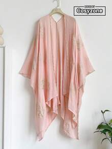 1pc Elegant Floral Pattern Bohemian Style Embroidered Split Shawl Women's Kimono, Sarong Spring/Summer Outerwear Beach Vacation Sun Protection UV Protection Embroidered Cardigan Fashion Versatile Luxury Decorative Suitable For Daily Matching Gift Choice - Pink - View 1