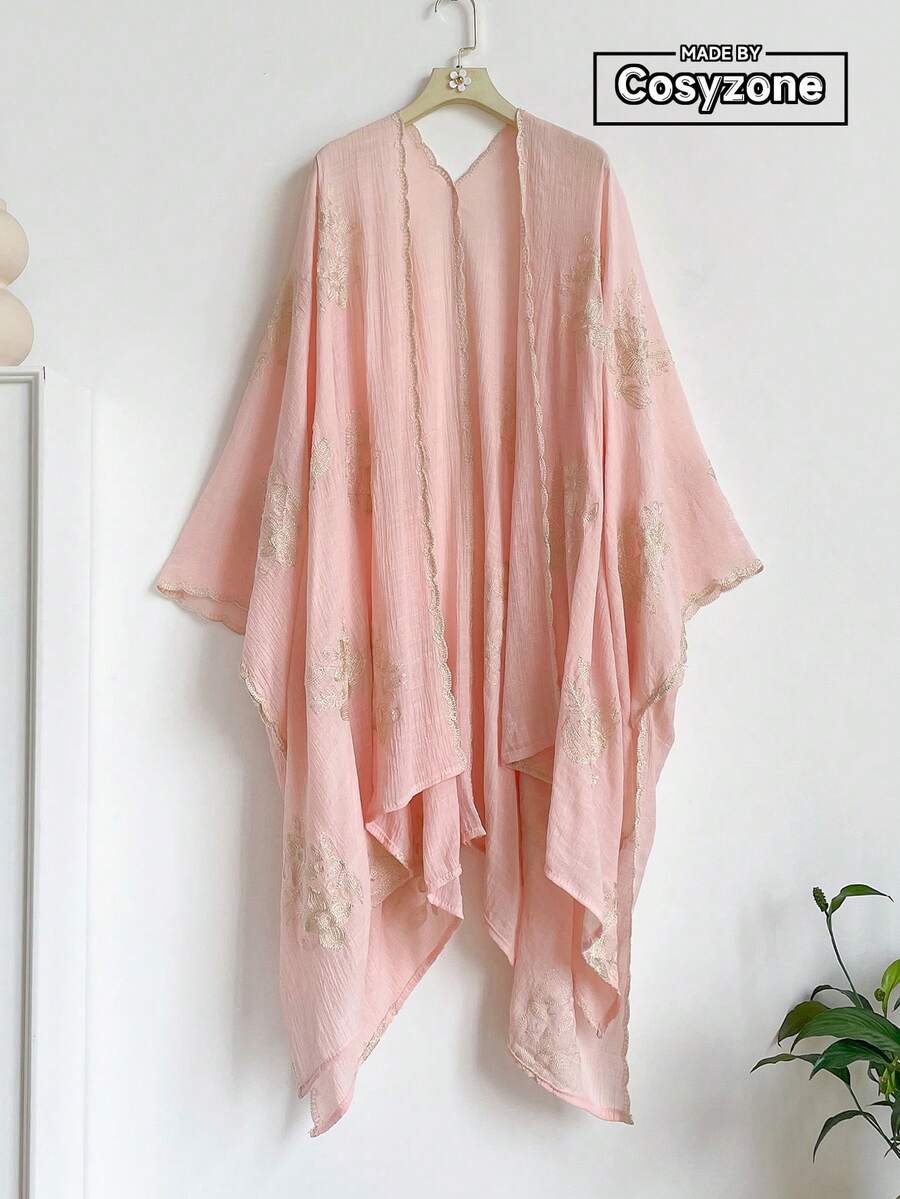 1pc Elegant Floral Pattern Bohemian Style Embroidered Split Shawl Women's Kimono, Sarong Spring/Summer Outerwear Beach Vacation Sun Protection UV Protection Embroidered Cardigan Fashion Versatile Luxury Decorative Suitable For Daily Matching Gift Choice - Pink - View 1