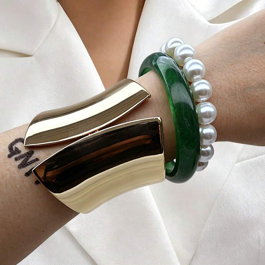 GNIT Green Jade Resin & Wide Gold Cuff Pearl Bracelet Set For Women, 3PCS/1pc Stackable Chunky Bangles Vintage Old Money Oriental Statement Jewelry Set - Gold, Green-veined Pearl - View 1