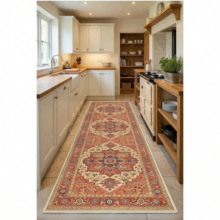 100% Polyester Washable Non-Slip Base Digital Printed Kitchen Rug Runner Beige - Made In Turkey - Beige - View 1