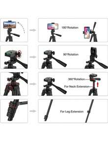 Multifunctional Portable Camera Tripod With Wireless Remote Control + Phone Holder + Carrying Bag, Compatible With Phone/Camera/ - Black - View 10