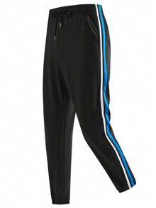 2pcs Women's Solid Color Drawstring Elastic High Waist Side Red & Blue Contrast Color Three-Stripe Woven Tape Patchwork Soft Knit Jogger Pants, Outdoor Sports Long Pants - Light Grey - View 3