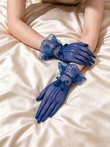 1 Pair Lace Bridal Gloves, Lightweight Breathable Summer Wedding Gloves, Women's Royal Blue Lace Gloves - Royal Blue - View 7
