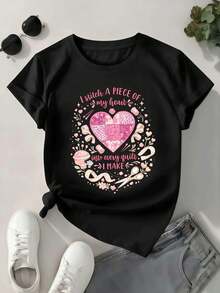 Camiseta de mujer con estampado gráfico de corazones cosidos, algodón premium, estilo hip-hop urbano, cómoda, duradera, estampado llamativo. - Negro - Ver 1