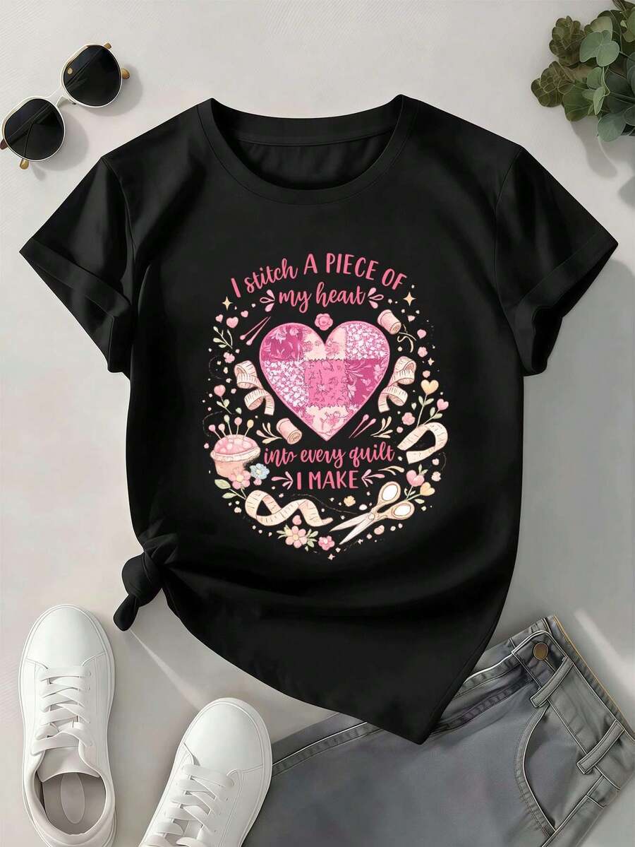Camiseta de mujer con estampado gráfico de corazones cosidos, algodón premium, estilo hip-hop urbano, cómoda, duradera, estampado llamativo. - Negro - Ver 1