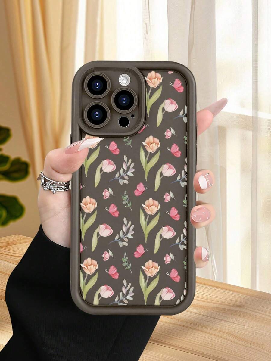 1 Piece Phone Case With Pink Tulip And Butterfly Design On A Black Background, Elegant Floral Style, Soft TPU, Full Impact And Anti-Slip Protection, Compatible With IPhone 17 ProMax/16/15/14/13/12/11/Plus/Pro/ProMax, Compatible With Galaxy A34/A35/A54/A55, Galaxy S20/S21/S22/S23/S24/S25 Ultra/Plus, Compatible With Galaxy//Honor// - 棕色 - 查看 1