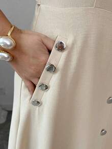 Elenzya Vestido de mujer beige liso sin mangas, abotonado simple con decoración de metal, cuello redondo, cintura ceñida con lazo, elegante, pa - Albaricoque - Ver 7