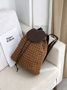 Solid Drawstring Backpack Purse, Smooth Faux Leather Flap Decor Adjustable Shoulder Straps Spacious Storage Bag For Daily Commute Travel - Coffee - View 2