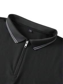 Men's Summer Casual Versatile Slim Fit Regular Shoulder Zipper Short Sleeve Polo Shirt - Black - View 3