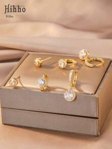 Hihho 6pcs/Set Dual-Color Round Pendant Zirconia Ear Cuff Set, Fresh Sweet Luxury Style, Based On Gold And Silver Dual-Color, Featuring 3D Round Shape + Trapezoidal Zirconia Inlay + Full Rhinestone Ear Hoop Combination, Dynamic And Fresh Design, Transparent And Sparkling Zirconia, Combining Youthful Charm And Exquisite Luxury, Suitable For Full Ear Stacking, Daily Commute, Dating, Best Friend Gift, Spring Outfit And More - Round Pendant Set - View 5