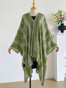 1件優雅花卉圖案波希米亞風刺繡開襟披肩女款和服式圍裙，春夏外穿沙龍，海灘度假防曬UV防護刺繡開襟衫，時尚百搭奢華裝飾，適合日常搭配，送禮佳選 - 綠色 - 查看 2