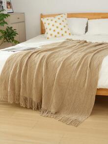 1pc Wavy Pattern Bed Throw, Nordic Style Acrylic Rectangular Tassel Solid Color Sofa Cover Blanket, Bed Decorative Blanket, Nap Blanket, Knitted Blanket - Vertical Diamond Khaki - View 2