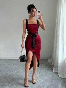sdasdqwdq  Vestido casual minimalista con decoración de lazo atado y ajuste asimétrico para mujer, primavera/verano - Burdeos - Ver 1