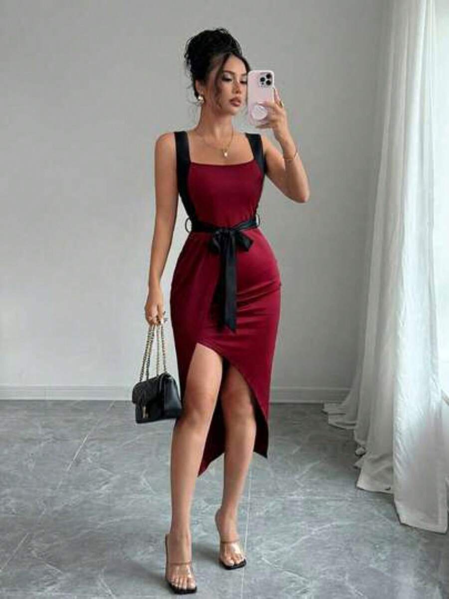 sdasdqwdq Vestido casual minimalista con decoración de lazo atado y ajuste asimétrico para mujer, primavera/verano - Burdeos - Ver 1