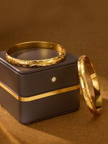 1/3/6pcs Sand Gold Exquisite Handmade Carved Wings & Stars 24K Gold Plated 8mm Wide Women's Bracelet, No Gift Box - Gold - View 2