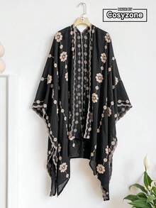 1件極簡優雅花卉圖案波希米亞風刺繡開襟披肩女款和服/圍裙，春夏外套，海灘度假防曬，刺繡開襟衫，時尚百搭輕奢裝飾，適合日常搭配，禮物首選 - 黑色 - 查看 1